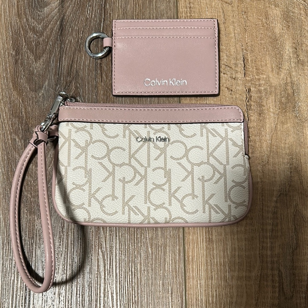 Calvin Klein Pink and Cream Wristlet and Card Holder Set